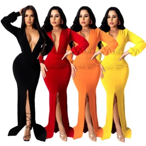 New Sexy Women's Deep V Neck Long Sleeves High Slit Cocktail Evening Party Dress - Picture 1 of 11