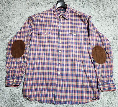 Polo Ralph Lauren Button Shirt Mens XL Red Blue Plaid Leather Elbow Lumberjack - Image 1 of 4