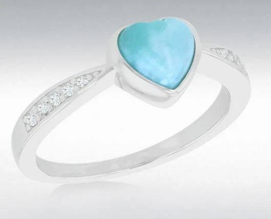 Argento Sterling Cuore Larimar & Bianco Zircone Cubico Affusolato Spalla Anello - Immagine 1 di 1