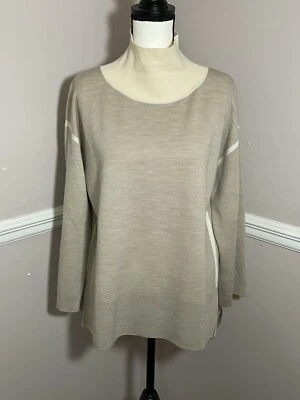 Suéter Lafayette 148 Lana Tostado Blanco Color Bloque Capucha Cuello Mediano Foto 1 de 4