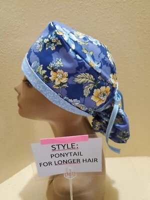 Yellow & Blue Flowers Women's Ponytail Surgical Scrub Hat/Cap Handmade - Image 1 of 4