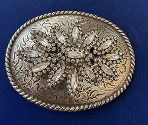 Vintage Belt Buckle with White Rhinestones Floral Design Silver Tone - Picture 1 of 4