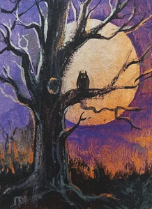 ACEO Original Acrilyc Card Halloween scenery moon owl tree - Picture 1 of 5