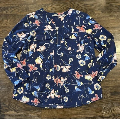 Blusa Top Valerie Stevens XL Azul Marino Floral Cremallera Cuello en V Manga con lengüeta enrollable Texturizada Foto 1 de 4