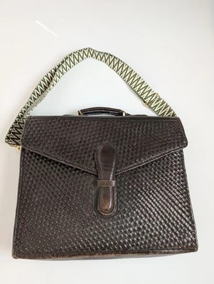 Vintage Brown Woven Leather Briefcase Bag YKK Zip Handmade Style + Strap - Image 1 of 4