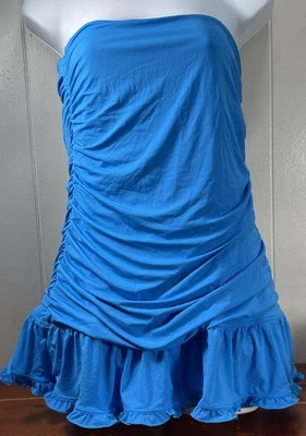 Coco Rave Blue Strapless Swim Tankini Top XL 38C Ruched Ruffle Hem Bandeau - Image 1 of 4
