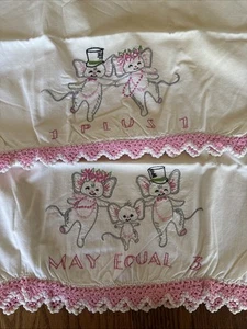 Vintage MCM Std. Pillowcases Hand Embroidered & Crocheted Wedding Pink Mice - Picture 1 of 12