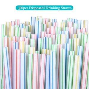 100 pajitas desechables de plástico flexibles con rayas de arcoíris para beber - Imagen 1 de 12