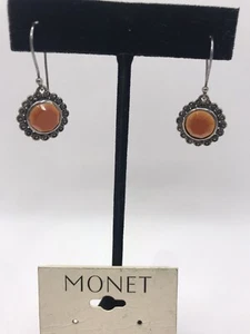 Monet silver 925 A marcasite earrings Orange Faceted Semi Precious  Round Dangle - Picture 1 of 9