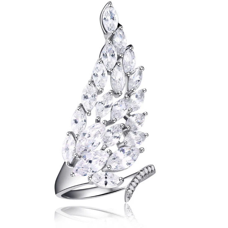 Anillo ajustable pluma ala de ángel grande para mujer oro blanco circonita cúbica PE37 Foto 1 de 4