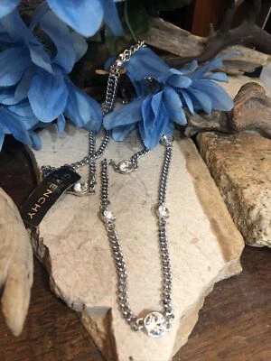 GIVENCHY Silver Tone White Crystal Fold over clasp Curb chain Necklace 68g, 40" - Image 1 of 4