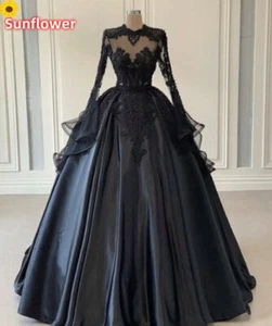 Gothic Black Long Sleeves Wedding Dresses Strapless Lace Appliques Bridal Gowns - Picture 1 of 7
