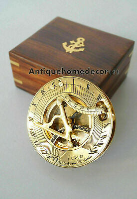 Vintage Maritime Solid Brass Sundial Compass Nautical Marine With Wooden Box • 31.53$