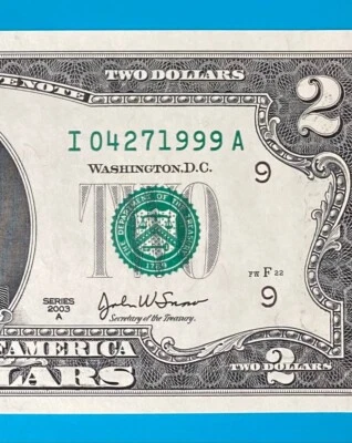 April 27, 1999 : I 04271999 A BIRTHDAY Note $2 Two Dollar Bill *AU* - Image 1 of 3