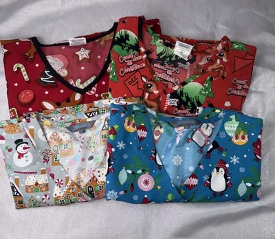 lot of 4 size M Womens Christmas Scrub Tops Rudolph Snowman Cookies Penquin  - Image 1 of 4