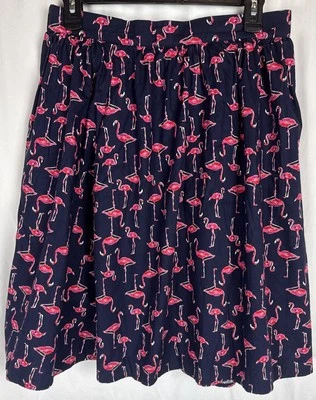 ModCloth Flamingo Print A Line Navy Skirt Lined Cotton Size Medium Knee Length - Image 1 of 4