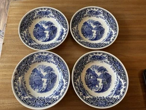 4 x Vintage Myott Cambridge Old England Soup Plates Blue & White c1950 24cm wide - Picture 1 of 9