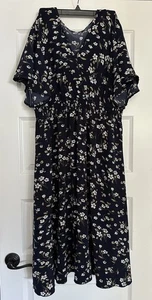 SHEIN Women's V-Neck Flutter Sleeve Midi Dress Navy Blue Floral Print Sz. 2XL - Picture 1 of 12