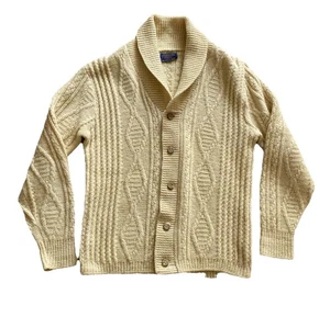 Vintage Pendleton Cardigan Sweater Mens XL Shawl Collar Oatmeal Beige Wool Hole - Picture 1 of 9