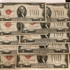(LOT OF TEN) 1928 G Two Dollar $2 Bill Red Seal Notes . Circulated. - Picture 1 of 6
