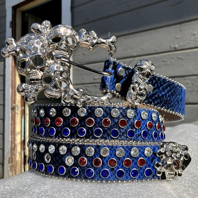 *RARO* CINTURÓN CALAVERAS Y2K BB TACHONADO AZUL ROCK PUNK ESTRÁS *NUEVO* HIP HOP GÓTICO Foto 1 de 4