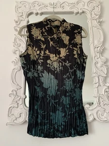 East Women's Blue Floral Sleeveless Top 100% Silk, Collared Tunic Size 16 - Picture 1 of 10
