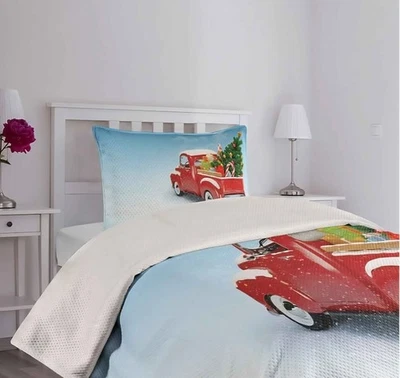 NIP Twin Bedspread Set Ambesonne Christmas Coverlet Classic Red Truck [T58] - Image 1 of 4