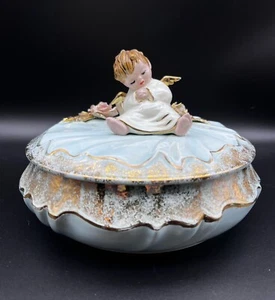 Hand Painted Angel Large Dish With Lid  - Picture 1 of 6