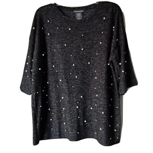 Chelsea & Theodore Women Top Size M Heather Black Pearls Short Sleeve Round Neck - Picture 1 of 7