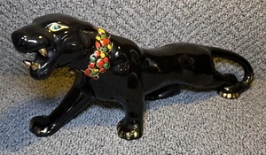 MCM Vtg Black Panther Statue Gold Jewel Tone Collar Green Jewel Eyes Mid Century - Picture 1 of 13
