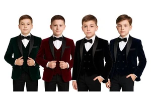 Luxury Boys Slim fit Velvet 5PC Tuxedo Suit with Double-breasted Vest, Ages 1-14 - Picture 1 of 24