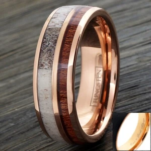 Rose Gold Plated Tungsten Wood & Deer Antler Wedding Band Ring-Engraving Avail. - Picture 1 of 7