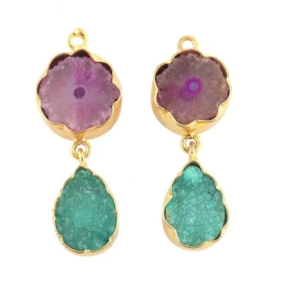 Natural Solar Quartz Gemstone Yellow Gold Plated DIY Craft Making Connector Pair - Image 1 of 4