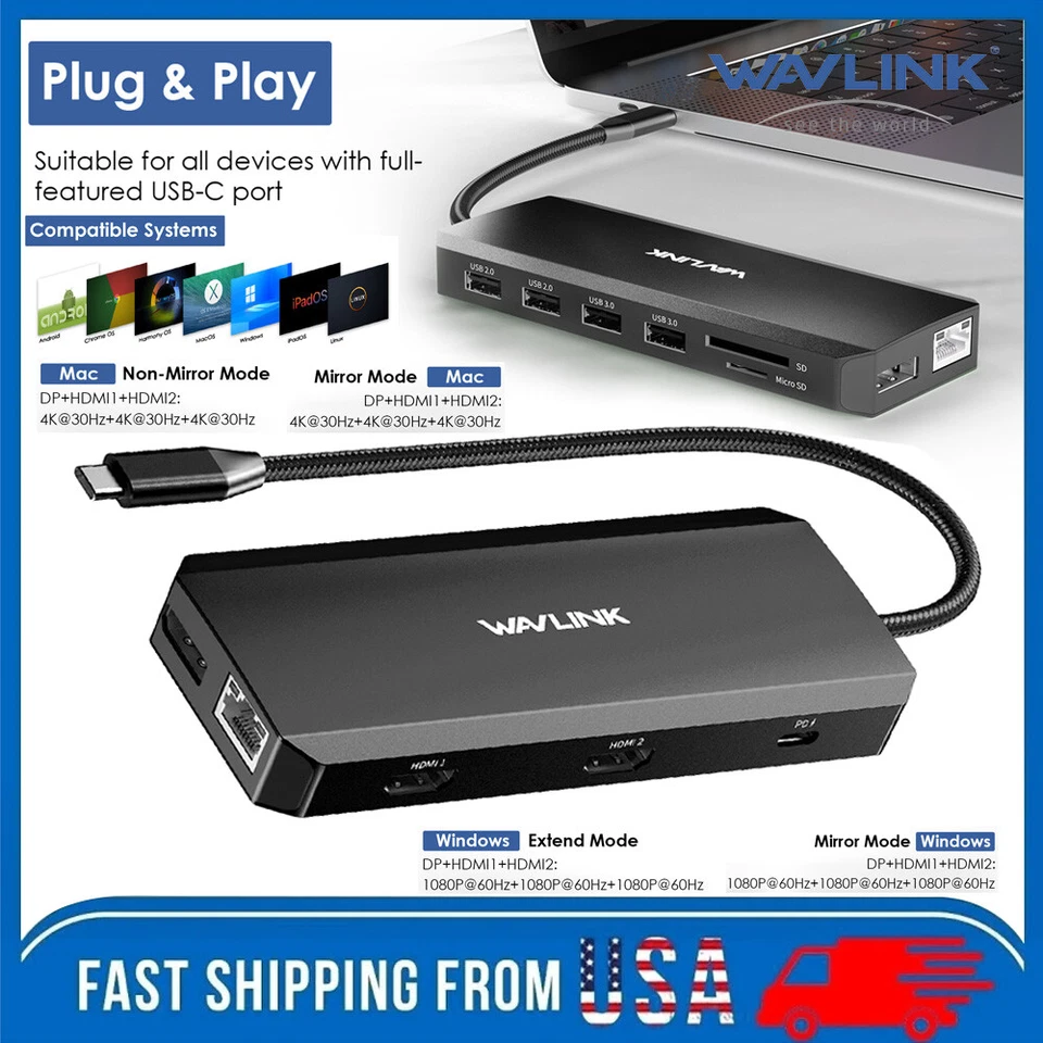 WAVLINK 12-en-1 USB C Estación de Acoplamiento para Laptop Triple Monitor 4K@60Hz Doble HDMI DP Foto 1 de 4