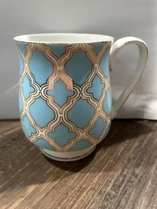 Grace Teaware Blue teal 12oz Footed Mug Cup White Gold Porcelain - Picture 1 of 6