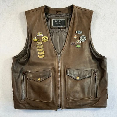 Date Leaf Leather Vest Jacket Men's L Chelsea Fulham H.O.G. Motorcycle 14 Pins — 第 1/4 张图片