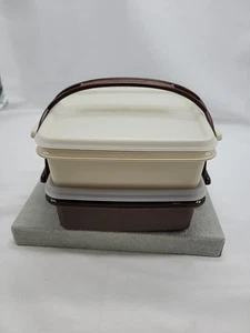 Vintage Tupperware Square Away Sandwich Keeper - Set of 2 ~ #1362 Brown & Tan  - Picture 1 of 15