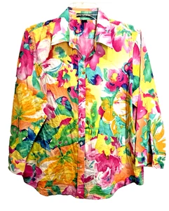 Lauren Ralph Lauren Womens Sz Large Tropical Bright  Floral Blouse Button Up - Picture 1 of 11