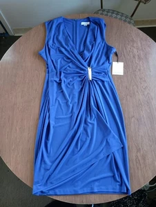 Vestido para mujer Calvin Klein azul sin mangas acanalado acento dorado cuello en V talla 12 - Imagen 1 de 20