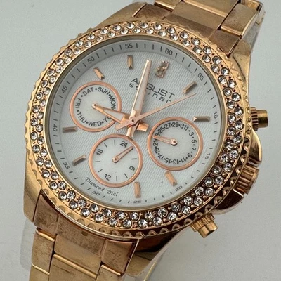 August Steiner Quartz Watch Unisex Rose Gold Diamonds Day Date New Battery 7.5" - Image 1 of 4