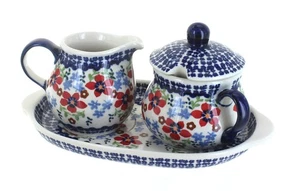 Blue Rose Polish Pottery Red Poppy Sugar & Creamer with Tray - Picture 1 of 1