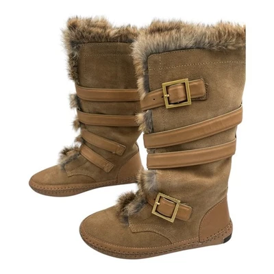 Bota Mocasín Invierno Tory Burch Camel Media Pantorrilla Piel Conejo Hebilla Talla 6 Foto 1 de 4