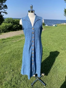 Vtg Christopher & Banks Blue Denim Jumper w Collar MIDI Wooden Button Front - Picture 1 of 10