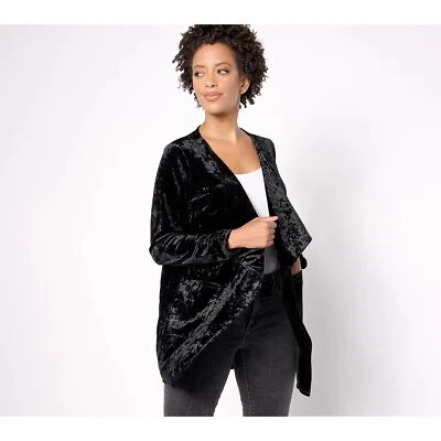 Top Denim and Co Canyon Retreat terciopelo triturado cuello drapeado negro para mujer XXS Foto 1 de 4