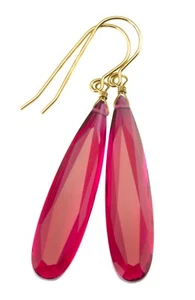 Hot Pink Simulated Sapphire Earrings Long Magenta Teardrops Sterling 14k Gold 2" - Picture 1 of 7