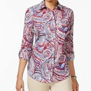 Charter Club Women’s Tabbed Sleeves Petites Cotton Shirt, 2P, Cloud Combo - Picture 1 of 10