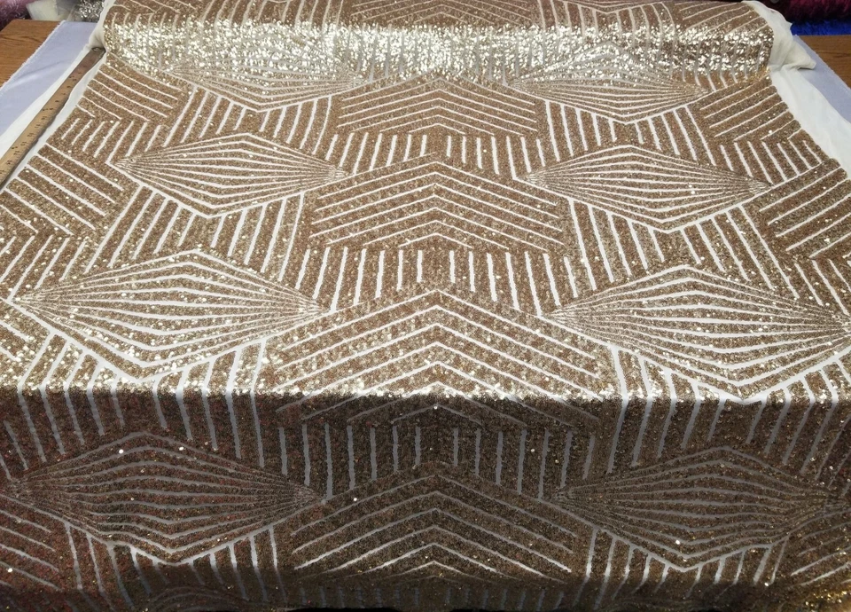 Champagne Gold Geometric Sequin Fabric on Mesh 2 Way Stretch "BombShell Sequins" - Image 1 of 4