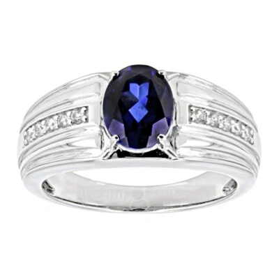 2.28 克拉椭圆形切割蓝色蓝宝石 14K 镀白金单颗戒指男式戒指 — 第 1/4 张图片