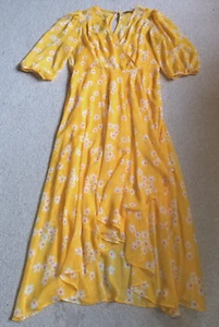 Womens Dress-CALVIN KLEIN-yellow floral hi-lo silky sheer lined Cottagecore- 10 - Picture 1 of 5