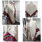 Vintage Hand Knitted Crochet Shawl Natural with Vibrant Trim Detail